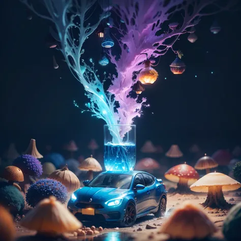 view camera the blue and orang bug car behide of the mushrooms, in the wood on the dark night, neon color, realistic, realphoto, colorful, 32k, fantasy world, sci-fi, surrounded by red and orange and green and blue sparks, bright light, muted colors, hyper...