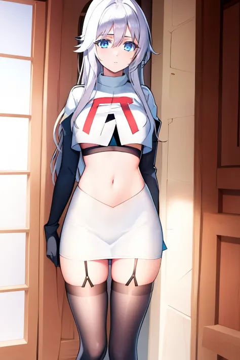 (masterpiece, best quality:1.2), 
1girl,Vladilena,lenaface, blue eyes, breasts, looking at viewer, white hair,medium breasts, antenna hair, hair between eyes,  looking at viewer, ahoge, expressionless, bangs, white hair,
team rocket,team rocket uniform, re...