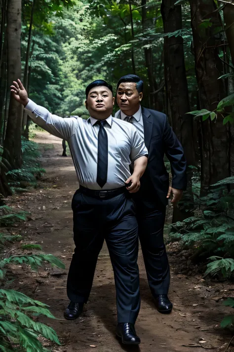 Wear black tie, Fat Chinese mature middle-aged man fights with security guard to protect brother in forest