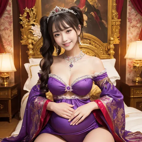 (((highest quality, debris flies, ultra high resolution、the most complex and detailed depiction、Awards, 8K、bright and vivid)))、((1 Japanese cute prostitute princess、prostitute pregnant、Tight waist during pregnancy、Perfect twintails、Ultimate luxury with eve...