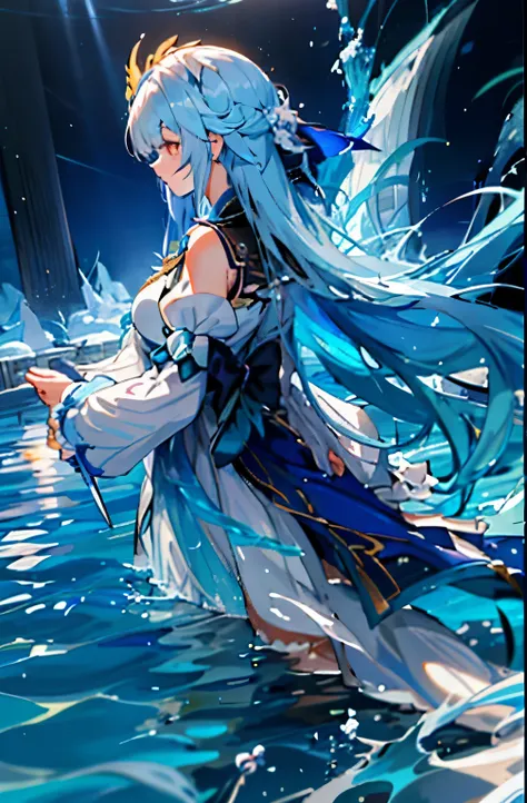 anime girl with long white hair and blue dress standing in water, wallpaper anime blue water, keqing from genshin impact, from arknights, white haired deity, anime goddess, from the azur lane videogame, beautiful celestial mage, ayaka genshin impact, trend...