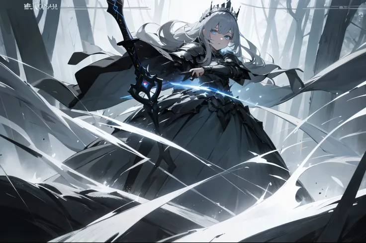 girl，Gray hair，blue eyes，glowing eyes，glowing eyes，glowing eyes，long hair，Dark Department，White and black long skirt，armor，Silvery crown，Queen，brandishing a sword，movie poster，Unbelievable，big occasion，best quality，epic，Tyndall effect，enchanted forest