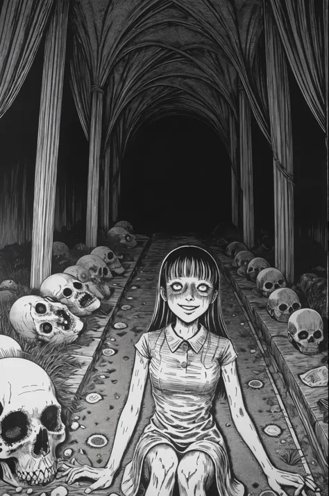 woman, smile, sitting in tomb, surrounded by corpses, disgusting, creepy, nightmare, disturbing, by junji ito,