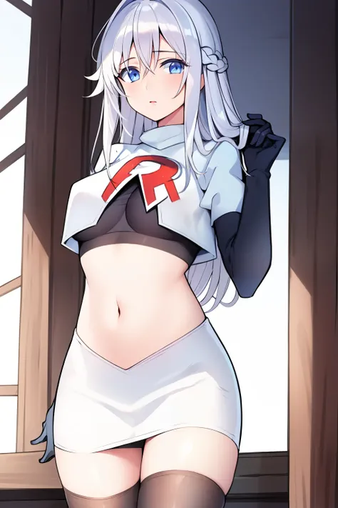 (masterpiece, best quality:1.2), 
1girl,Vladilena,lenaface, blue eyes, breasts, looking at viewer, white hair,medium breasts, antenna hair, hair between eyes,  looking at viewer, ahoge, expressionless, bangs, white hair,
team rocket,team rocket uniform, re...