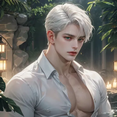 masterpiece, best quality, realistic 8K, one mature male, 36 years old, extremely detailed face, ((dark green eyes)), ((short white quiff hair with bang parts 3:7 ratio)), (( wet hair)), muscular abs ((half naked)), Extremely delicate and stern face ((cold...