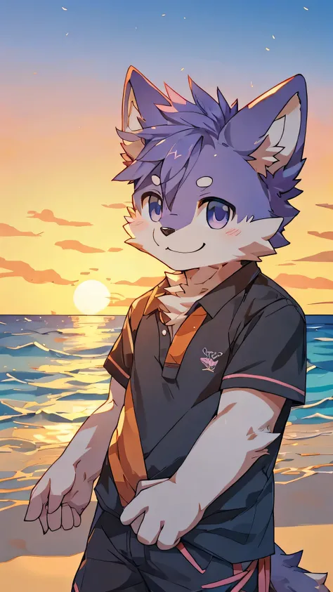 furry,fur,body fur,alone,male,(Smile),((ocean,Sunset)),short sleeves,Character focus, fur, purple,rest,Its okay，purple眼睛，Lovely，purple眼睛！！！，centado sul playa