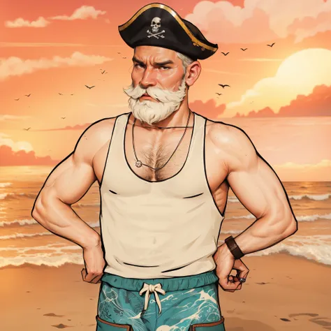 cartoon of a man with a beard and a hat on standing on a beach, hide the pain harold, portrait of hide the pain harold, pirate, bald male swashbuckler, a pirate, sea of thieves style, manly, an oldman, stylized digital illustration, inspired by Eiichiro Od...