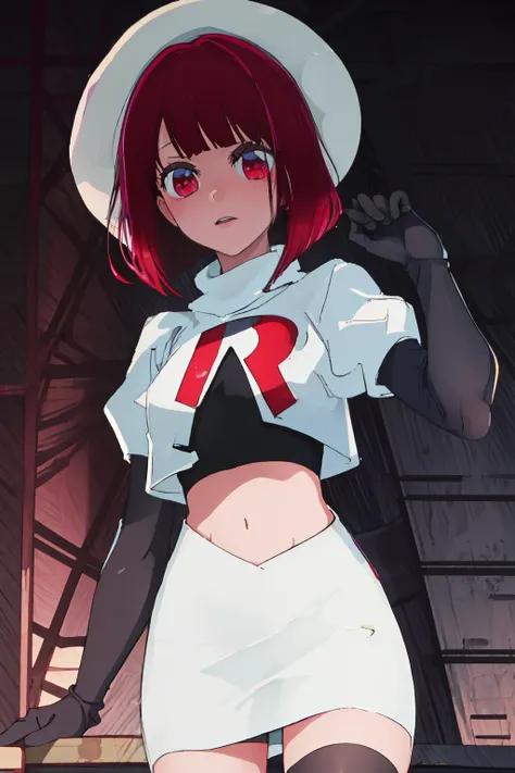 best quality, masterpiece, highres, solo, {arima_kana_oshinoko:1.15}, short_hair, bangs, red_hair, blunt_bangs, bout, red_eyes, hat, 1girl, black_headwear, beret, looking_at_viewer, team rocket,team rocket uniform, red letter R, white skirt,white crop top,...