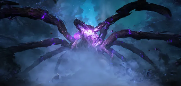 There  a big spider in the middle of the forest, giant ethereal creature, arthropods，purple fire around magic arena, Hydra Path of Exile, Tentacles crawl out of the portal, Research open rift portals in Hell, purple glowing core in armor, open mouth, Dota ...