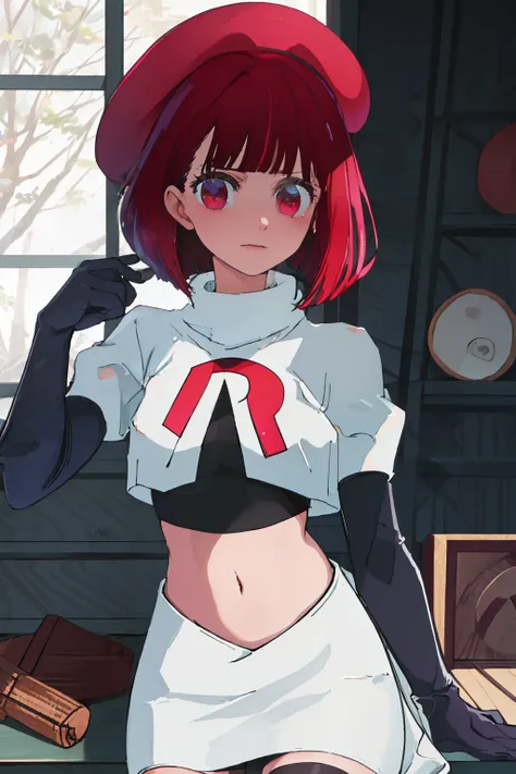 best quality, masterpiece, highres, solo, {arima_kana_oshinoko:1.15}, short_hair, bangs, red_hair, blunt_bangs, bout, red_eyes, hat, 1girl, black_headwear, beret, looking_at_viewer, team rocket,team rocket uniform, red letter R, white skirt,white crop top,...