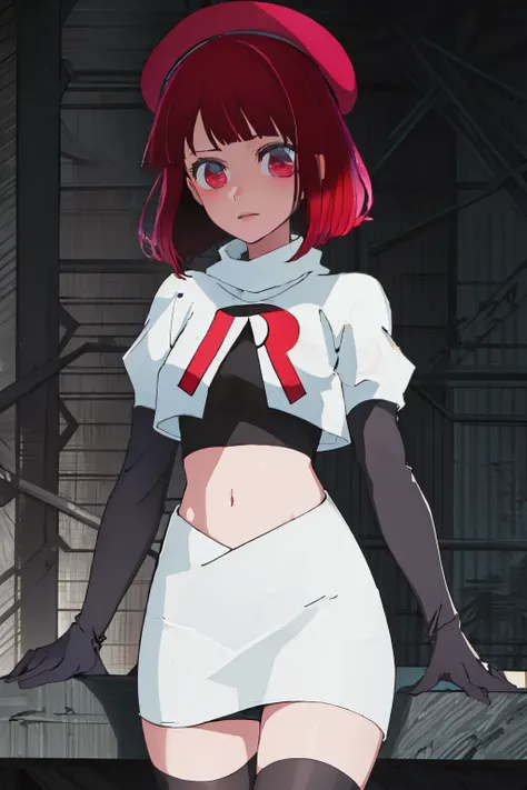 best quality, masterpiece, highres, solo, {arima_kana_oshinoko:1.15}, short_hair, bangs, red_hair, blunt_bangs, bout, red_eyes, hat, 1girl, black_headwear, beret, looking_at_viewer, team rocket,team rocket uniform, red letter R, white skirt,white crop top,...