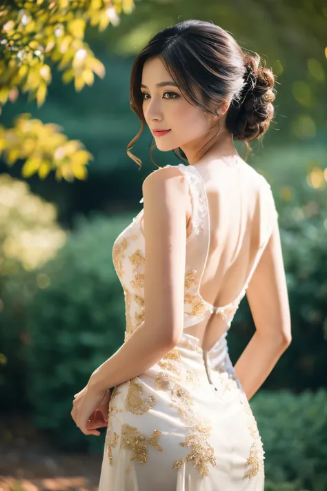 beautiful woman turning her profile, back, and buttocks,classic painting,delicate brushwork,ornate lace dress,detailed hairstyle,gentle sunlight,soft shadows,golden color tones