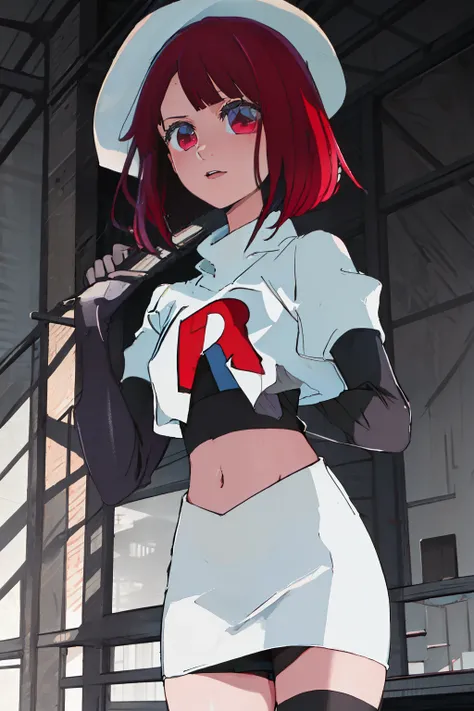 best quality, masterpiece, highres, solo, {arima_kana_oshinoko:1.15}, short_hair, bangs, red_hair, blunt_bangs, bout, red_eyes, hat, 1girl, black_headwear, beret, looking_at_viewer, team rocket,team rocket uniform, red letter R, white skirt,white crop top,...