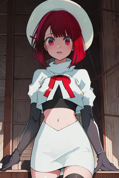 best quality, masterpiece, highres, solo, {arima_kana_oshinoko:1.15}, short_hair, bangs, red_hair, blunt_bangs, bout, red_eyes, hat, 1girl, black_headwear, beret, looking_at_viewer, team rocket,team rocket uniform, red letter R, white skirt,white crop top,...