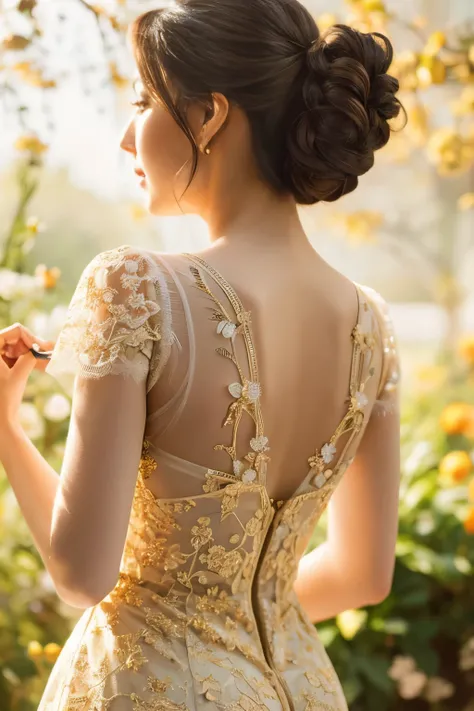 beautiful woman turning her profile, back, and buttocks,classic painting,delicate brushwork,ornate tight lace dress,detailed hairstyle,gentle sunlight,soft shadows,golden color tones