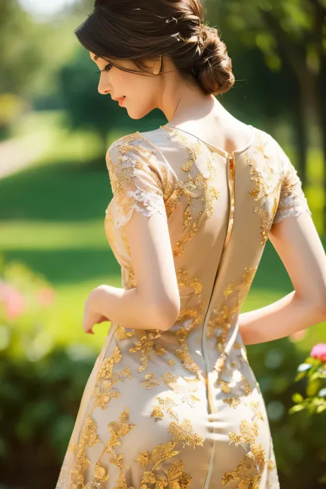 beautiful woman turning her profile, back, and buttocks,classic painting,delicate brushwork,ornate tight lace dress,detailed hairstyle,gentle sunlight,soft shadows,golden color tones