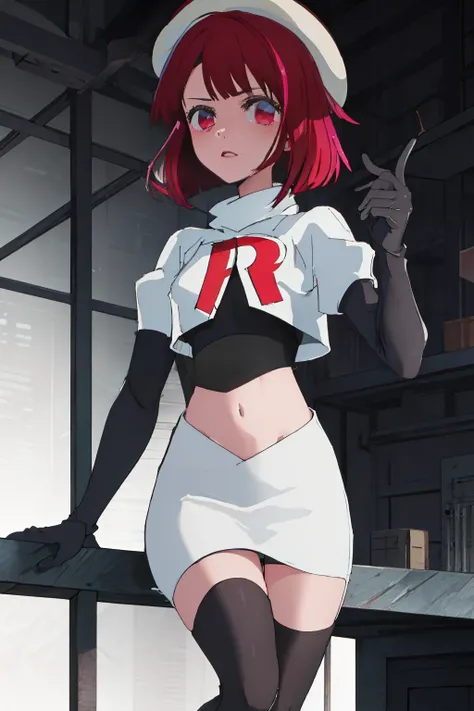 best quality, masterpiece, highres, solo, {arima_kana_oshinoko:1.15}, short_hair, bangs, red_hair, blunt_bangs, bout, red_eyes, hat, 1girl, black_headwear, beret, looking_at_viewer, team rocket,team rocket uniform, red letter R, white skirt,white crop top,...