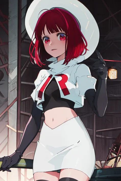 best quality, masterpiece, highres, solo, {arima_kana_oshinoko:1.15}, short_hair, bangs, red_hair, blunt_bangs, bout, red_eyes, hat, 1girl, black_headwear, beret, looking_at_viewer, team rocket,team rocket uniform, red letter R, white skirt,white crop top,...