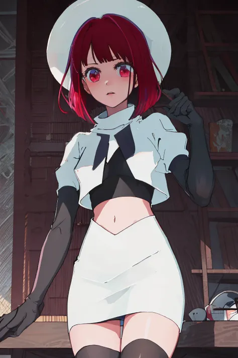 best quality, masterpiece, highres, solo, {arima_kana_oshinoko:1.15}, short_hair, bangs, red_hair, blunt_bangs, bout, red_eyes, hat, 1girl, black_headwear, beret, looking_at_viewer, team rocket,team rocket uniform, red letter R, white skirt,white crop top,...