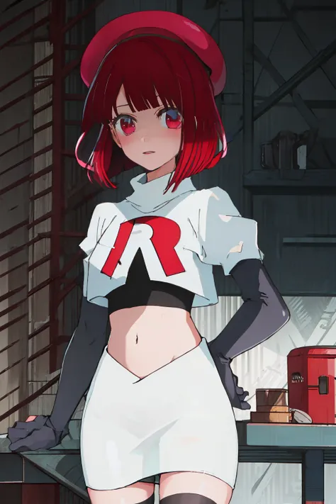 best quality, masterpiece, highres, solo, {arima_kana_oshinoko:1.15}, short_hair, bangs, red_hair, blunt_bangs, bout, red_eyes, hat, 1girl, black_headwear, beret, looking_at_viewer, team rocket,team rocket uniform, red letter R, white skirt,white crop top,...