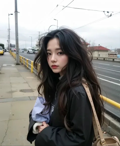 Mujer araffada con cabello largo caminando por una acera con un bolso., pelo negro largo ondulado, cabello largo y rizado, ulzzang, cabello ondulado hasta los hombros, asian girl with long hair, cabello ondulado oscuro vibrante, Cabello negro largo desorde...