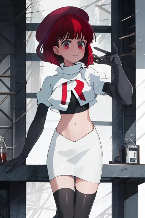 best quality, masterpiece, highres, solo, {arima_kana_oshinoko:1.15}, short_hair, bangs, red_hair, blunt_bangs, bout, red_eyes, hat, 1girl, black_headwear, beret, looking_at_viewer, team rocket,team rocket uniform, red letter R, white skirt,white crop top,...