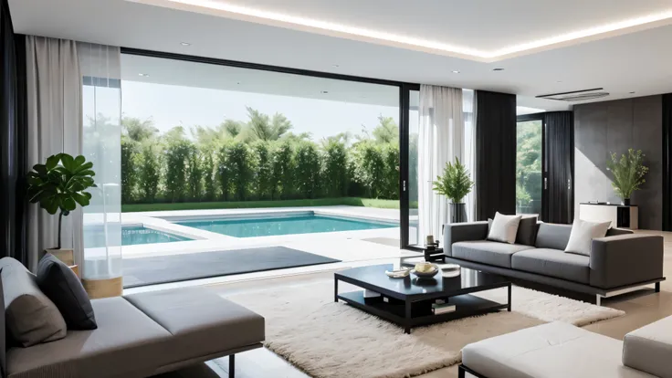 You are a famous interior designer、You have been asked to create a 3D image of a modern large room. Create a harmonious environment with modern and minimalist furniture. Including garden interior.