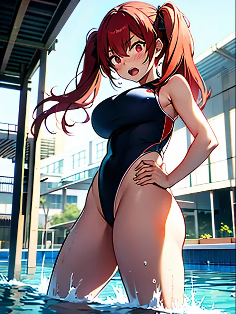 Red haired anime girl, red eyes, twintails, large breasts, thick thighs, glare, yelling, open mouth, crazy, looking at viewer, leaning over, hand on hip, angry, pool, swimsuit, school swim suit, water, water droplets, blush