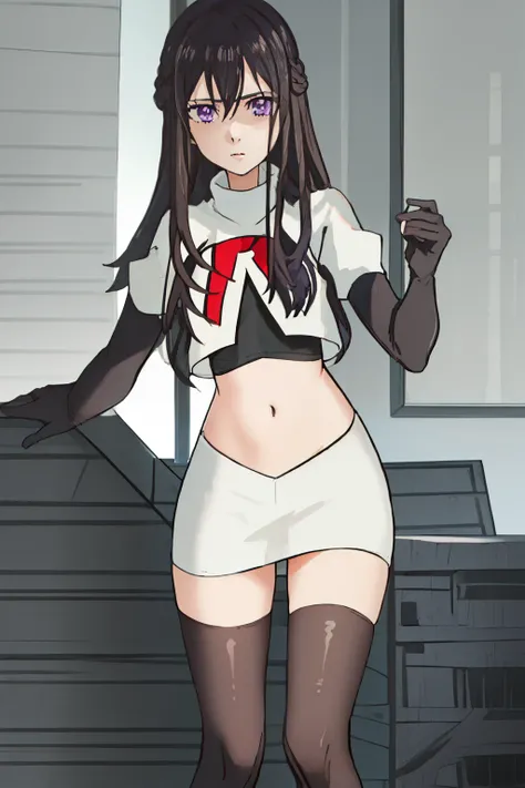 best quality, masterpiece, highres, solo, {aihara_mei_citrus:1.15}, black_hair, long_hair, purple_eyes, hair_between_eyes, 1girl, looking_at_viewer, team rocket,team rocket uniform, red letter R, white skirt,white crop top,black thigh-highs,black elbow glo...