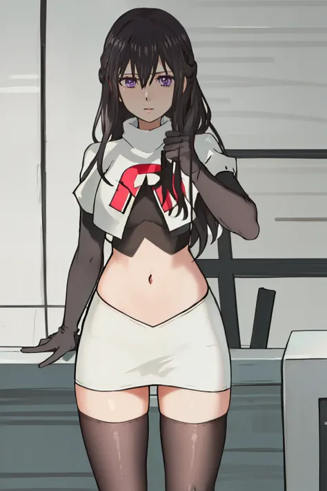 best quality, masterpiece, highres, solo, {aihara_mei_citrus:1.15}, black_hair, long_hair, purple_eyes, hair_between_eyes, 1girl, looking_at_viewer, team rocket,team rocket uniform, red letter R, white skirt,white crop top,black thigh-highs,black elbow glo...