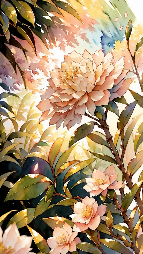 (8k, raw photo, 最high quality, masterpiece:1.2), (watercolor painting), flowers flutter, ((beautiful, camellia)), ((extreme back...