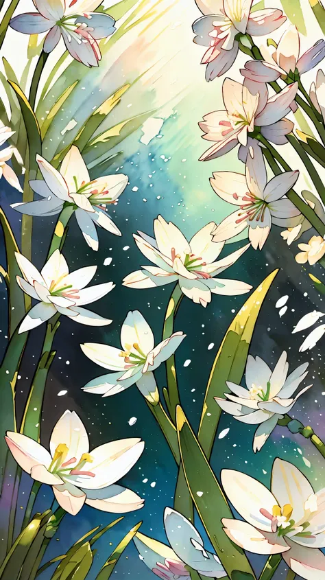 (8k, raw photo, 最high quality, masterpiece:1.2), (watercolor painting), flowers flutter, ((beautiful blooming snowdrops)), ((ext...