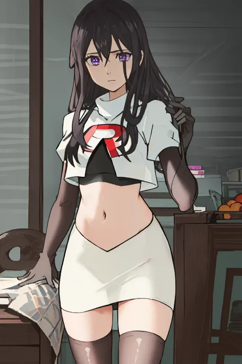 best quality, masterpiece, highres, solo, {aihara_mei_citrus:1.15}, black_hair, long_hair, purple_eyes, hair_between_eyes, 1girl, looking_at_viewer, team rocket,team rocket uniform, red letter R, white skirt,white crop top,black thigh-highs,black elbow glo...