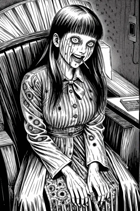 woman, creepy smile, messy hair, horror, eating lollipop, sitting in chair, disgusting, creepy, nightmare, disturbing, blood on ...