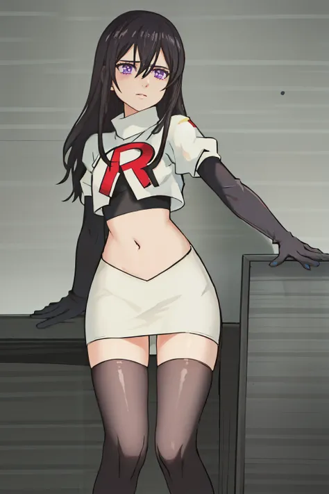 best quality, masterpiece, highres, solo, {aihara_mei_citrus:1.15}, black_hair, long_hair, purple_eyes, hair_between_eyes, 1girl, looking_at_viewer, team rocket,team rocket uniform, red letter R, white skirt,white crop top,black thigh-highs,black elbow glo...