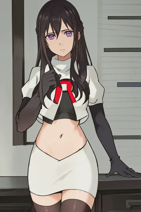 best quality, masterpiece, highres, solo, {aihara_mei_citrus:1.15}, black_hair, long_hair, purple_eyes, hair_between_eyes, 1girl, looking_at_viewer, team rocket,team rocket uniform, red letter R, white skirt,white crop top,black thigh-highs,black elbow glo...