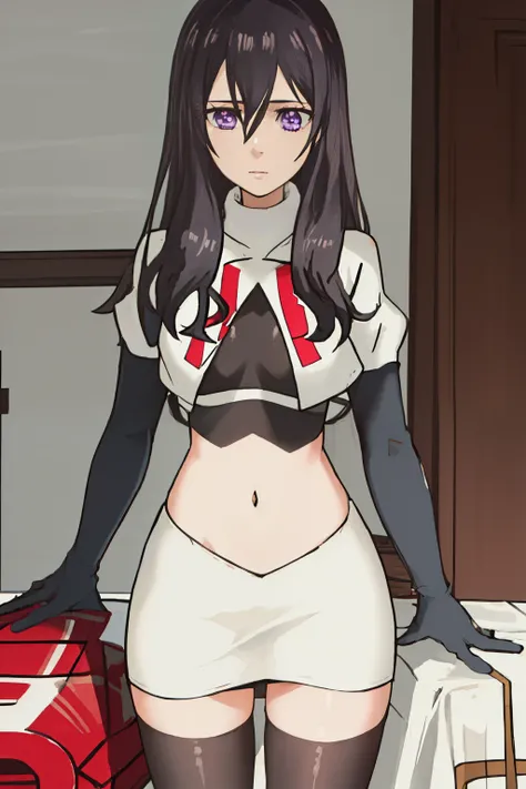 best quality, masterpiece, highres, solo, {aihara_mei_citrus:1.15}, black_hair, long_hair, purple_eyes, hair_between_eyes, 1girl, looking_at_viewer, team rocket,team rocket uniform, red letter R, white skirt,white crop top,black thigh-highs,black elbow glo...