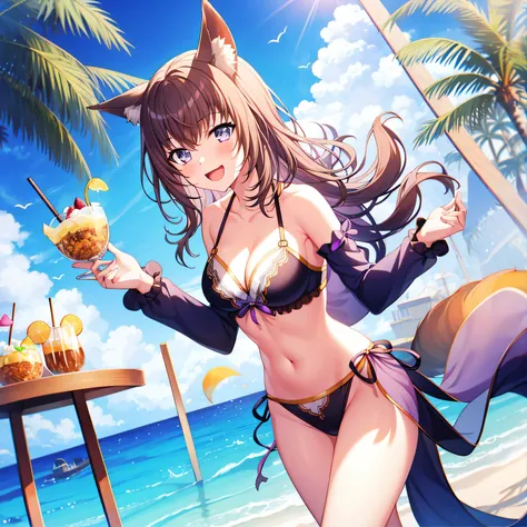 1girl, one_Eye_closure, swimsuit, alone, breast, animal_ear, bikini, outdoor, long_hair, navel, Keep, Open_Mouth, watching_exist_audience, Smile, fox_ear, sky, Independent_sleeve, purple_Eyes, hair_decoration, Black_bikini, beach, split, sarong, blush, Ban...