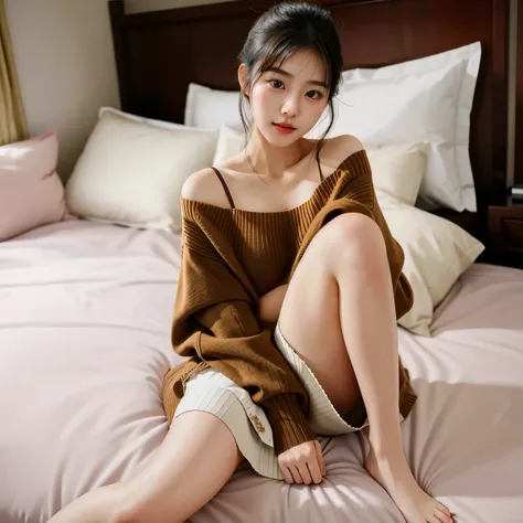 wearing a sweater、big chest、sit on the bedアジアの女性, sitting on the bed, gorgeous young korean woman, pose in bed, gorgeous chinese model, 彼女のsitting on the bed, sit on the bed, pose in the bedroom, good young girl, korean girl, beautiful korean woman, beauti...