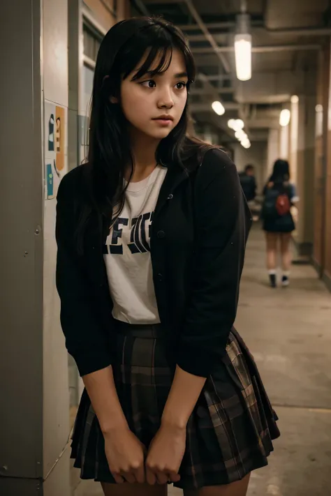 High school girl on the school yRD LOOKING AT A BOY SHE LIKES TALK TO ANOTHER GIRL. Cinematic lighting and the girl is beautlful with black hair