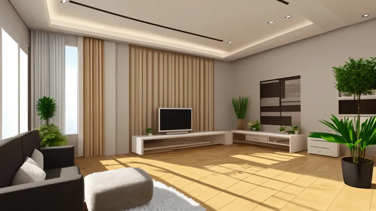 You are a famous interior designer、You have been asked to create a 3D image of a modern large room. Create a harmonious environment with modern and minimalist furniture. Including garden interior.