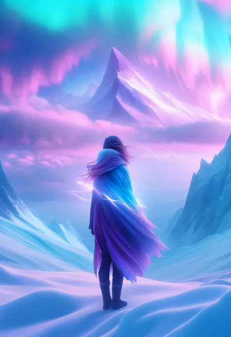 Estilo de photograph ofl modelo, (Extremadamente detallado 8K CG Wallpape),Luz extrema，1 chica，Stand under the iceberg，Admira la hermosa aurora boreal，Personachi Cyberpunk [Snow covered mountainous landscape with fog：Transparent ethereal girl，snow mountain...