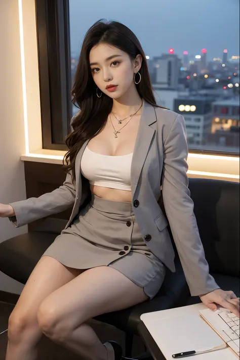 in the office，a young beautiful lady，Wear professional attire，gray blazer，Lace bandeau underwear，slit covered skirt。Bigger and wider hips，thin waist，The upper body  rounder，full，Super in shape。Dressed up with jewelry，necklace，earrings，watch，High heel，black...