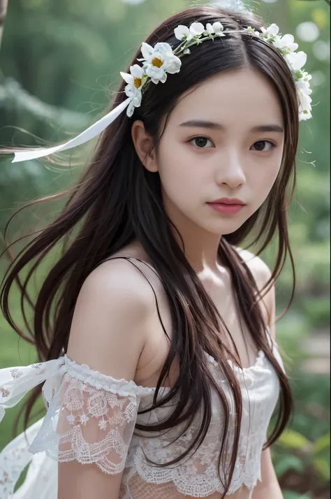 (8K、Live shooting、realistic:1.25)、1 girl、14 year old woman with a beautiful face、Floating in the air and looking down、Has insect-like transparent wings、blonde、white feather swimsuit、clear white skin、shy smile、whole body、lip gloss、Glossy skin、highest qualit...