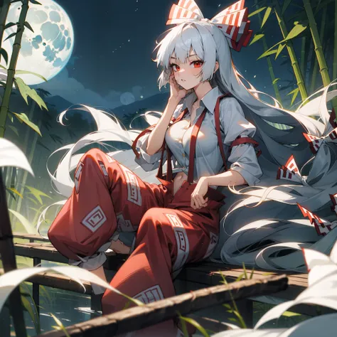 Fujiwara no Mokou(from Touhou) in bamboo forest. She has big tits. She has white hair, red eyes. Shes wearing a white shirt, sit, night, moon, hair ribbons, stay