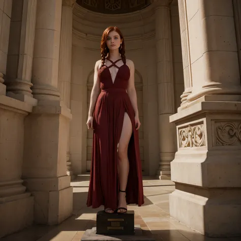  Bryce Dallas Howard, long braided brunette hair, petite body, on a pedestal like a statue 