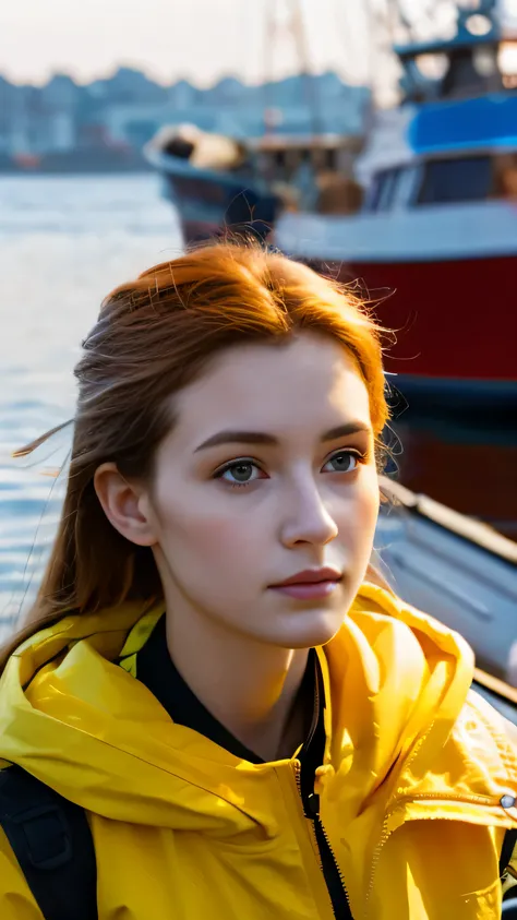 Ultra-high definition images,Facial details Super beautiful details,(masterpiece:1.2), highest quality, Photo of beautiful female fisherman, ginger hair, 20-year-old, wearing yellow raincoat,  (By fishing boat:1.3),   Photorealistic, Hyperrealistic, very d...