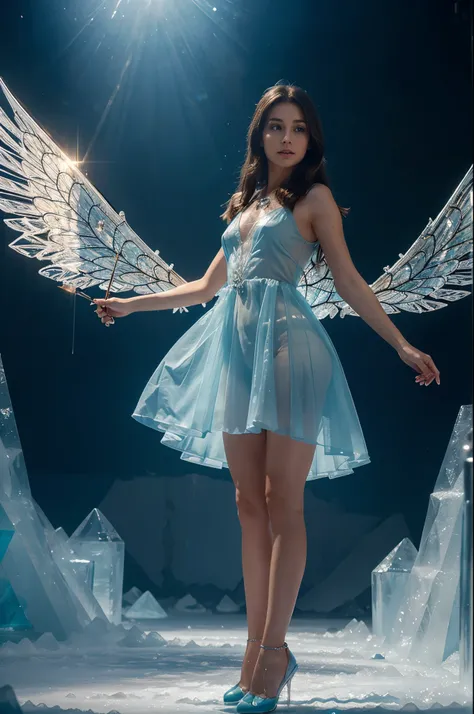 a woman with brown hair in a transparent airy blue dress and shoes with crystal wings with a magic wand in their hands flying in an ice castle, side view