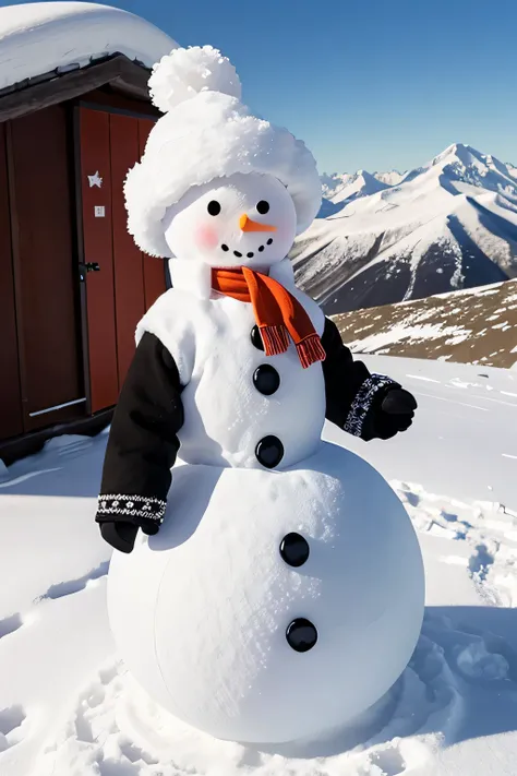 snowman, white costume、round silhouette、black buttons、Carrot nose、snowmanの帽子、snowmanのスカーフ、Snowflake Decoration、Winter boots, (A two-shot with a cute girl outside the mountain hut)