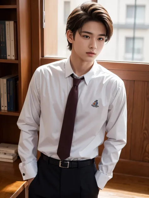 boy, 17 y.o, handsome, slick back, long-sleeved shirt, tie, school